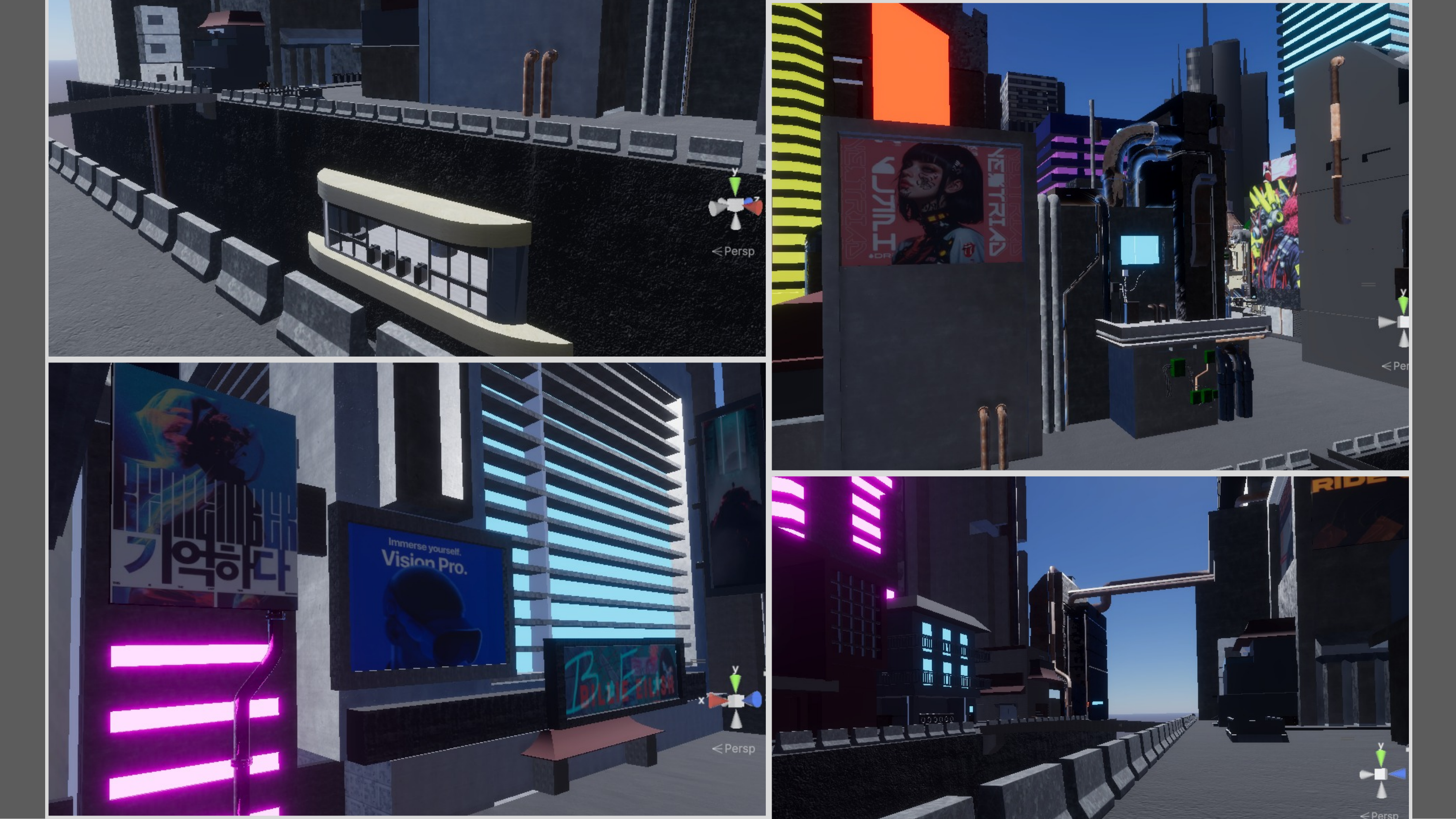 Cyberpunk city environment render — neon streets and billboards